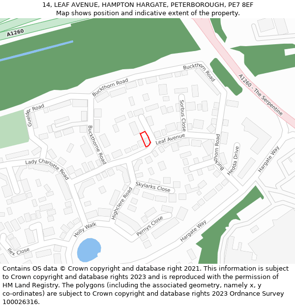 14, LEAF AVENUE, HAMPTON HARGATE, PETERBOROUGH, PE7 8EF: Location map and indicative extent of plot