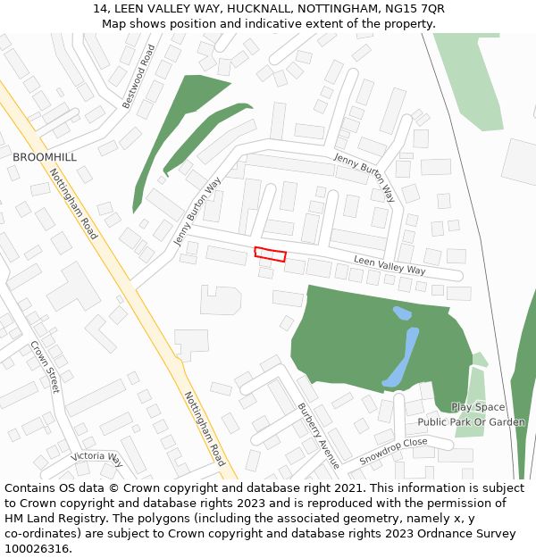 14, LEEN VALLEY WAY, HUCKNALL, NOTTINGHAM, NG15 7QR: Location map and indicative extent of plot