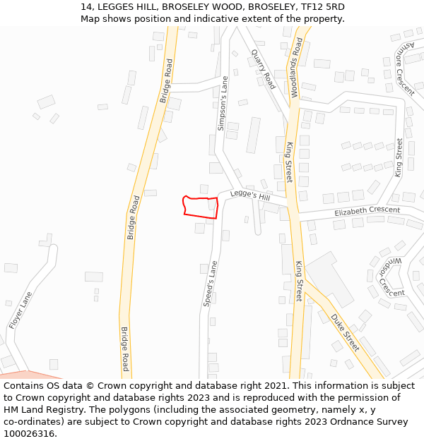 14, LEGGES HILL, BROSELEY WOOD, BROSELEY, TF12 5RD: Location map and indicative extent of plot