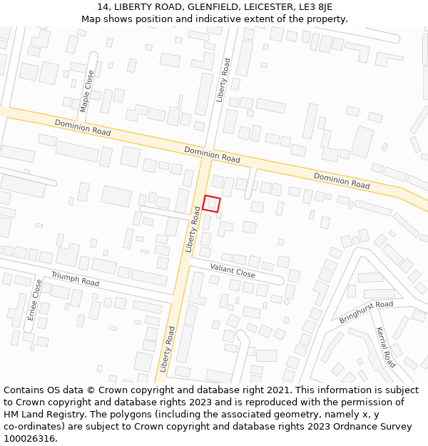 14, LIBERTY ROAD, GLENFIELD, LEICESTER, LE3 8JE: Location map and indicative extent of plot