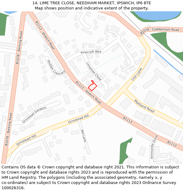 14, LIME TREE CLOSE, NEEDHAM MARKET, IPSWICH, IP6 8TE: Location map and indicative extent of plot