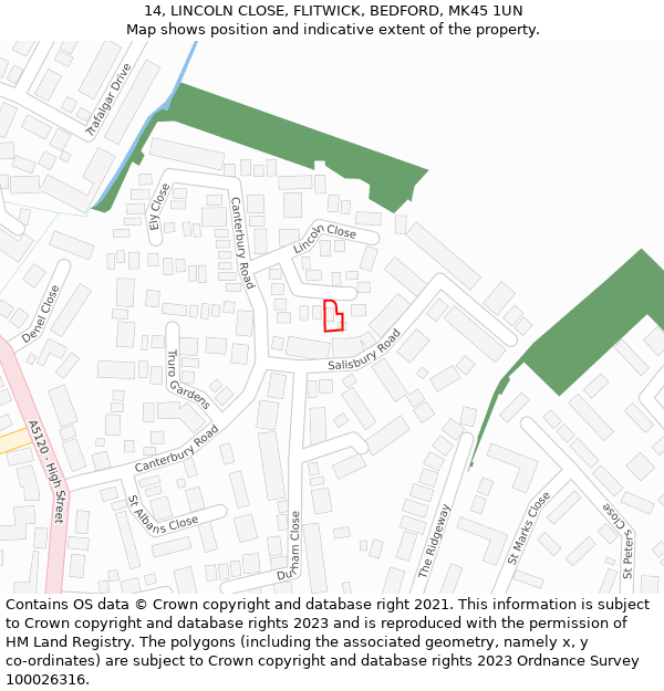 14, LINCOLN CLOSE, FLITWICK, BEDFORD, MK45 1UN: Location map and indicative extent of plot