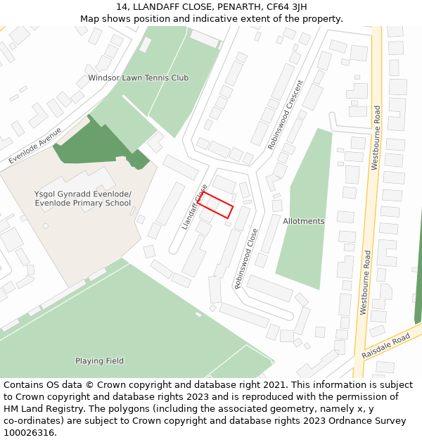 14, LLANDAFF CLOSE, PENARTH, CF64 3JH: Location map and indicative extent of plot