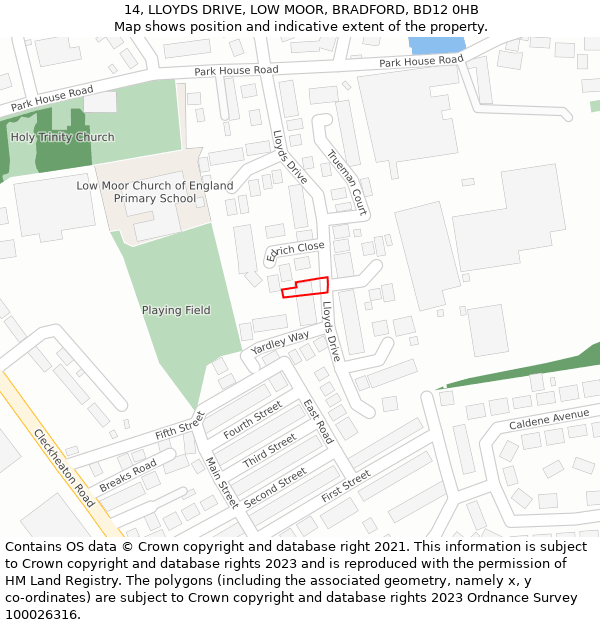 14, LLOYDS DRIVE, LOW MOOR, BRADFORD, BD12 0HB: Location map and indicative extent of plot