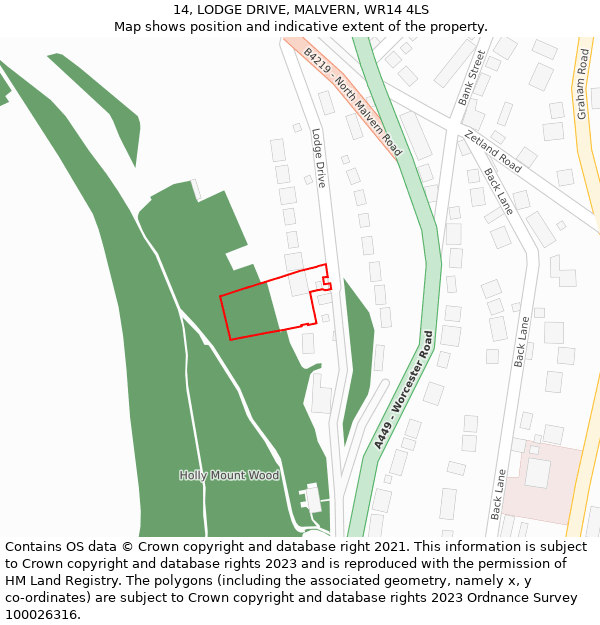 14, LODGE DRIVE, MALVERN, WR14 4LS: Location map and indicative extent of plot
