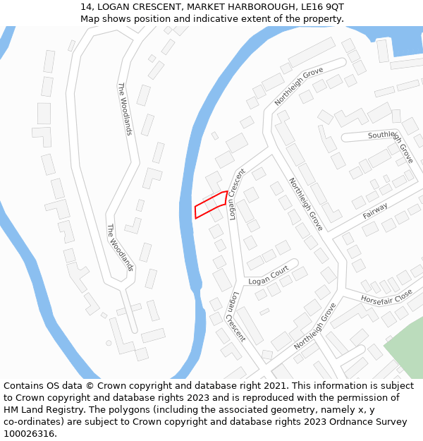 14, LOGAN CRESCENT, MARKET HARBOROUGH, LE16 9QT: Location map and indicative extent of plot