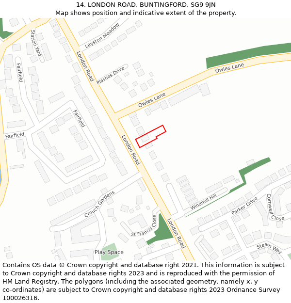 14, LONDON ROAD, BUNTINGFORD, SG9 9JN: Location map and indicative extent of plot