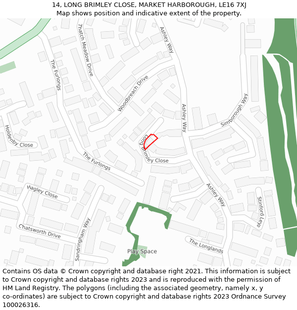 14, LONG BRIMLEY CLOSE, MARKET HARBOROUGH, LE16 7XJ: Location map and indicative extent of plot