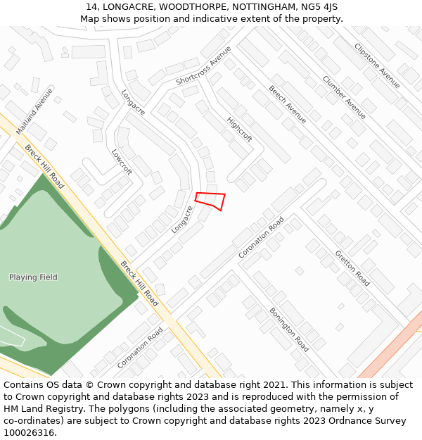 14, LONGACRE, WOODTHORPE, NOTTINGHAM, NG5 4JS: Location map and indicative extent of plot