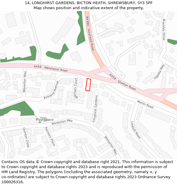 14, LONGHIRST GARDENS, BICTON HEATH, SHREWSBURY, SY3 5PF: Location map and indicative extent of plot