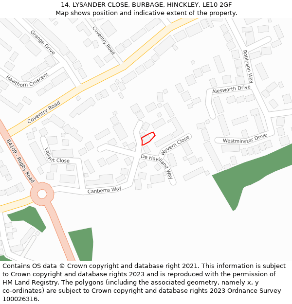 14, LYSANDER CLOSE, BURBAGE, HINCKLEY, LE10 2GF: Location map and indicative extent of plot