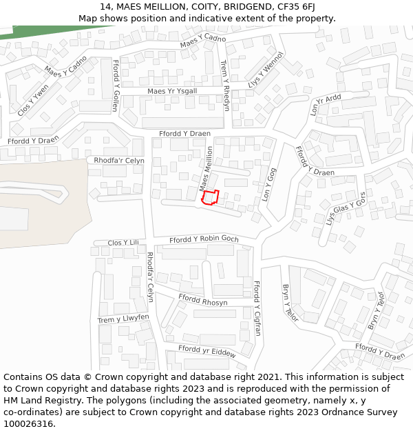 14, MAES MEILLION, COITY, BRIDGEND, CF35 6FJ: Location map and indicative extent of plot