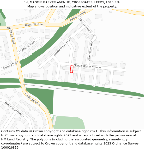 14, MAGGIE BARKER AVENUE, CROSSGATES, LEEDS, LS15 8FH: Location map and indicative extent of plot