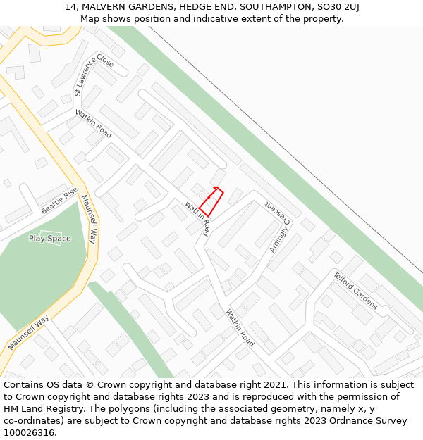 14, MALVERN GARDENS, HEDGE END, SOUTHAMPTON, SO30 2UJ: Location map and indicative extent of plot