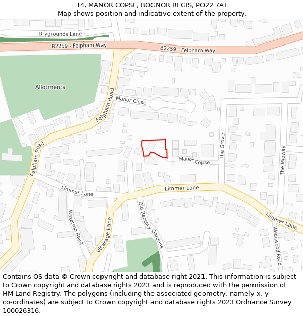 14, MANOR COPSE, BOGNOR REGIS, PO22 7AT: Location map and indicative extent of plot