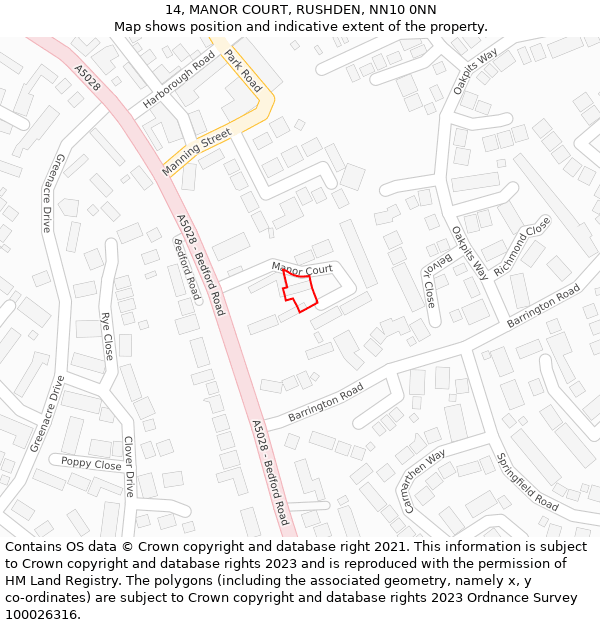 14, MANOR COURT, RUSHDEN, NN10 0NN: Location map and indicative extent of plot