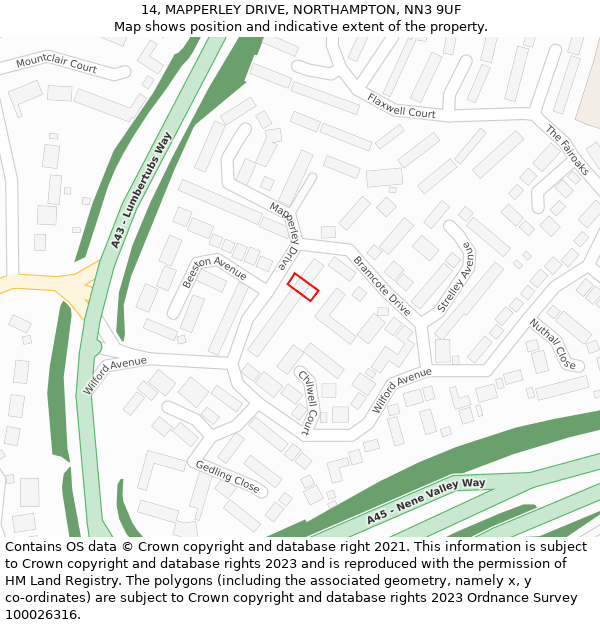 14, MAPPERLEY DRIVE, NORTHAMPTON, NN3 9UF: Location map and indicative extent of plot