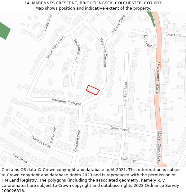 14, MARENNES CRESCENT, BRIGHTLINGSEA, COLCHESTER, CO7 0RX: Location map and indicative extent of plot