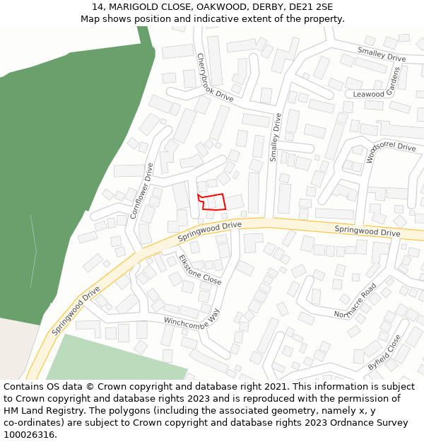 14, MARIGOLD CLOSE, OAKWOOD, DERBY, DE21 2SE: Location map and indicative extent of plot