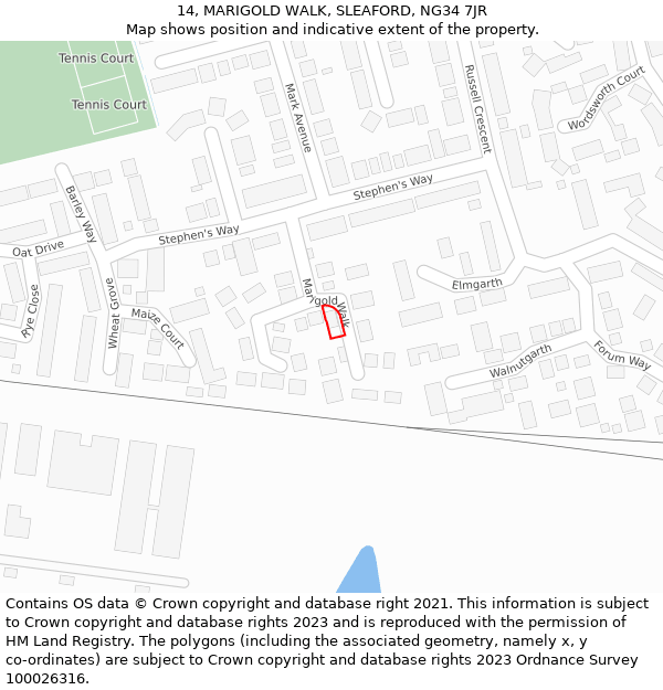 14, MARIGOLD WALK, SLEAFORD, NG34 7JR: Location map and indicative extent of plot