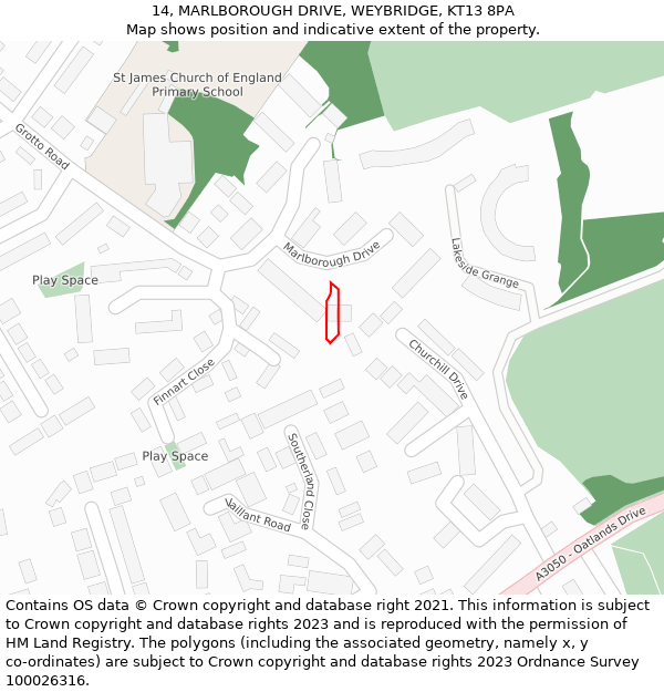 14, MARLBOROUGH DRIVE, WEYBRIDGE, KT13 8PA: Location map and indicative extent of plot