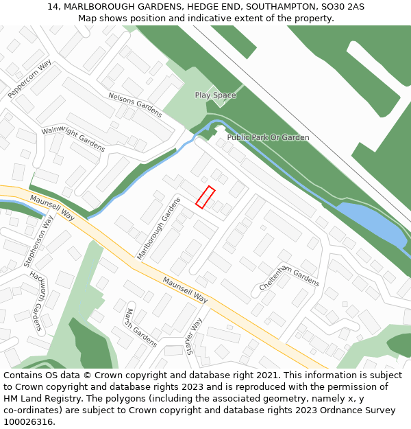 14, MARLBOROUGH GARDENS, HEDGE END, SOUTHAMPTON, SO30 2AS: Location map and indicative extent of plot