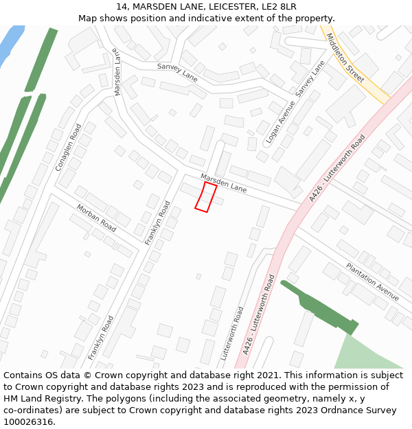 14, MARSDEN LANE, LEICESTER, LE2 8LR: Location map and indicative extent of plot