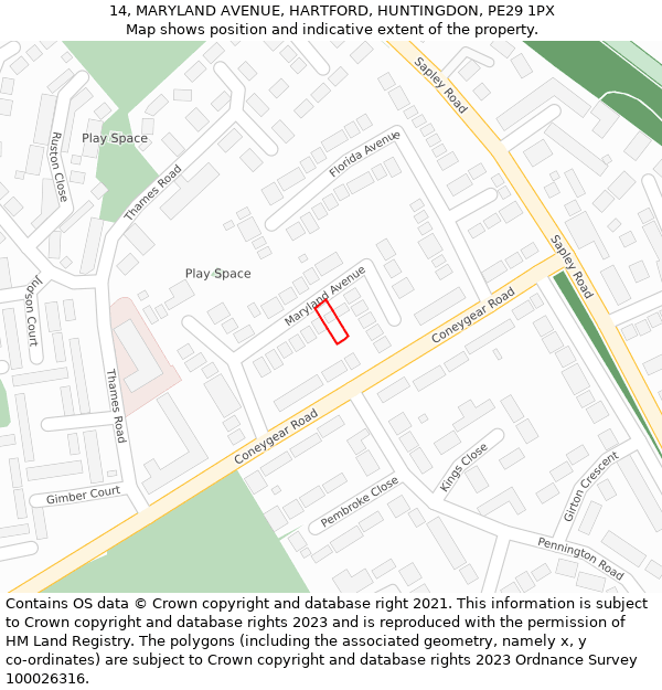 14, MARYLAND AVENUE, HARTFORD, HUNTINGDON, PE29 1PX: Location map and indicative extent of plot