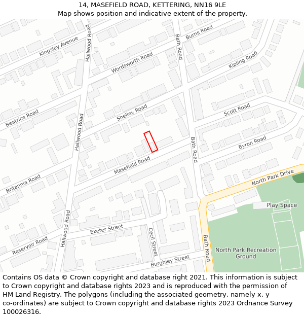 14, MASEFIELD ROAD, KETTERING, NN16 9LE: Location map and indicative extent of plot