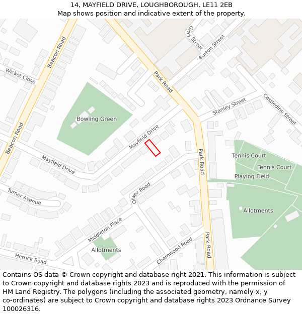 14, MAYFIELD DRIVE, LOUGHBOROUGH, LE11 2EB: Location map and indicative extent of plot