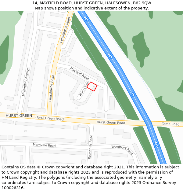 14, MAYFIELD ROAD, HURST GREEN, HALESOWEN, B62 9QW: Location map and indicative extent of plot