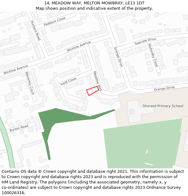 14, MEADOW WAY, MELTON MOWBRAY, LE13 1DT: Location map and indicative extent of plot