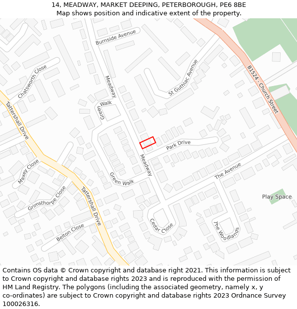 14, MEADWAY, MARKET DEEPING, PETERBOROUGH, PE6 8BE: Location map and indicative extent of plot