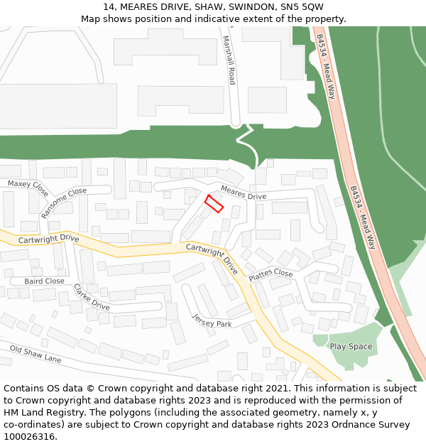 14, MEARES DRIVE, SHAW, SWINDON, SN5 5QW: Location map and indicative extent of plot