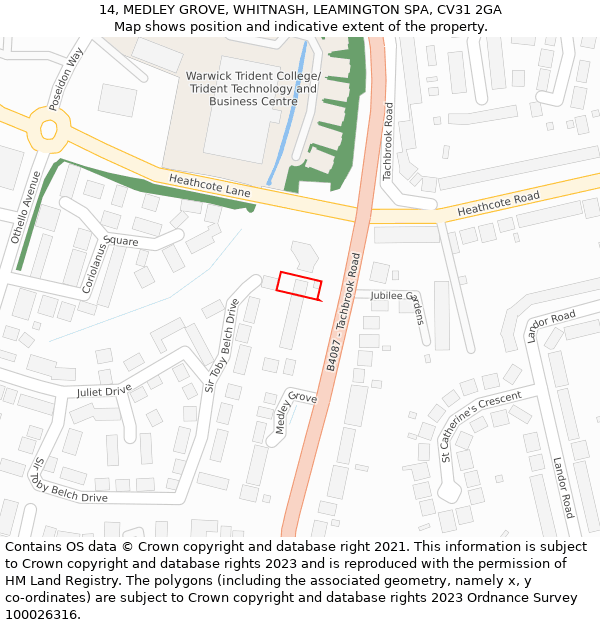 14, MEDLEY GROVE, WHITNASH, LEAMINGTON SPA, CV31 2GA: Location map and indicative extent of plot