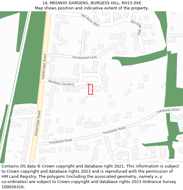 14, MEDWAY GARDENS, BURGESS HILL, RH15 0XE: Location map and indicative extent of plot