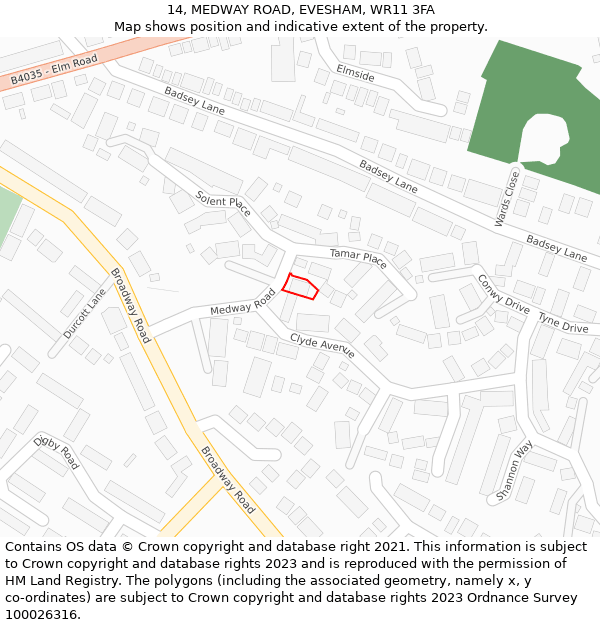 14, MEDWAY ROAD, EVESHAM, WR11 3FA: Location map and indicative extent of plot