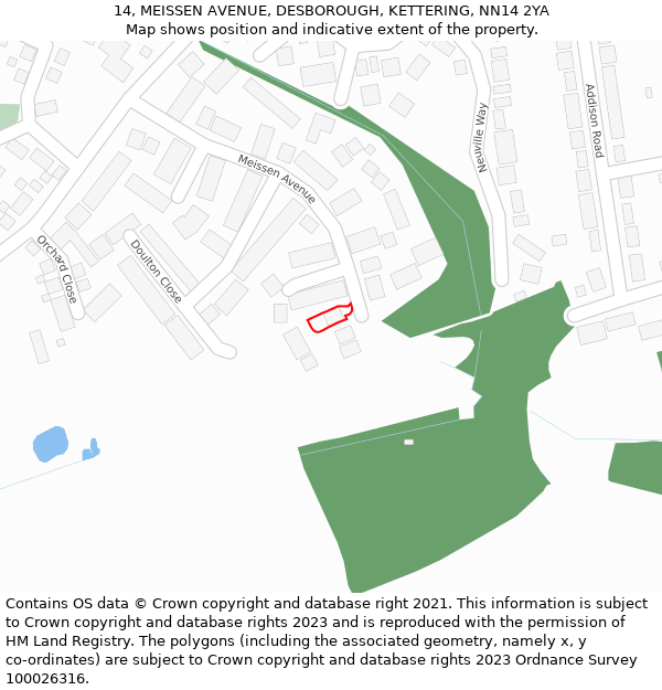 14, MEISSEN AVENUE, DESBOROUGH, KETTERING, NN14 2YA: Location map and indicative extent of plot