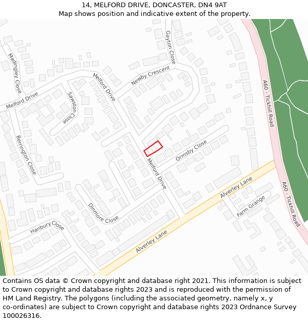 14, MELFORD DRIVE, DONCASTER, DN4 9AT: Location map and indicative extent of plot