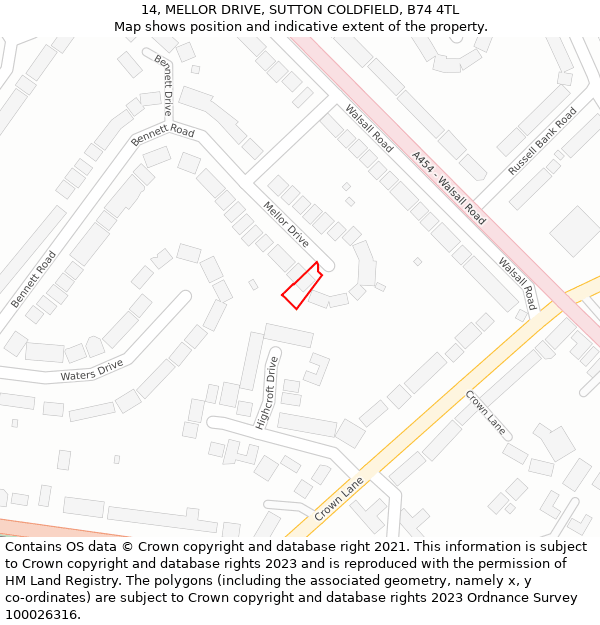 14, MELLOR DRIVE, SUTTON COLDFIELD, B74 4TL: Location map and indicative extent of plot