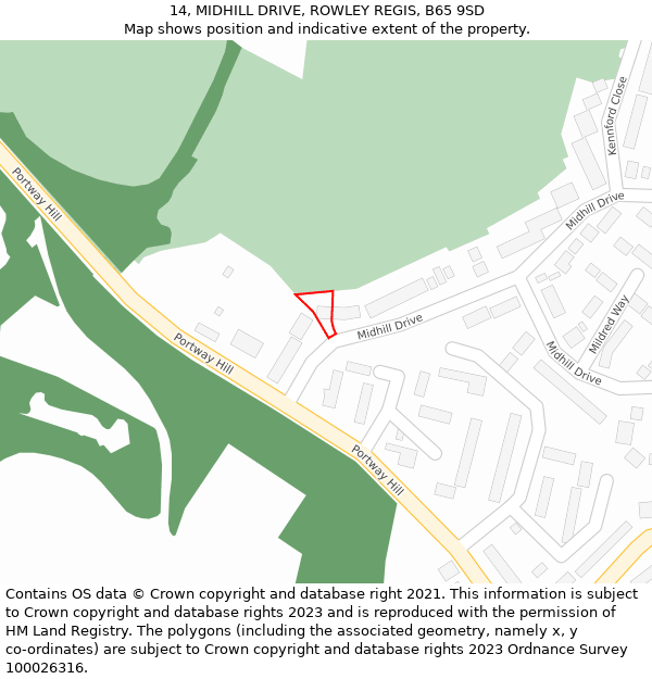 14, MIDHILL DRIVE, ROWLEY REGIS, B65 9SD: Location map and indicative extent of plot