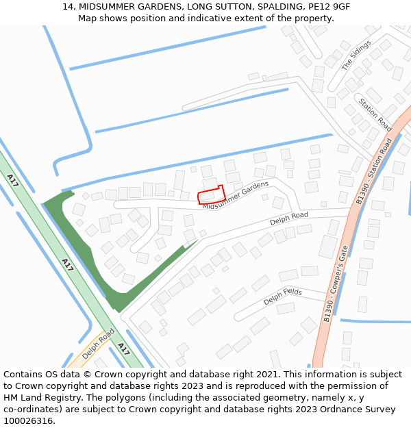 14, MIDSUMMER GARDENS, LONG SUTTON, SPALDING, PE12 9GF: Location map and indicative extent of plot