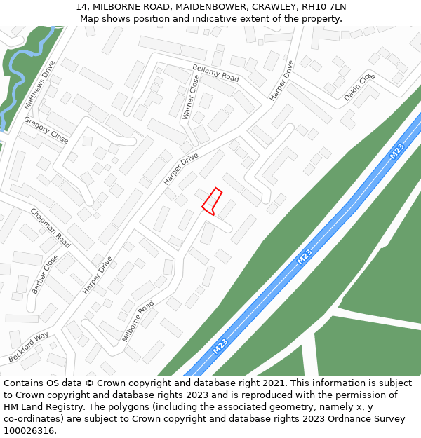 14, MILBORNE ROAD, MAIDENBOWER, CRAWLEY, RH10 7LN: Location map and indicative extent of plot