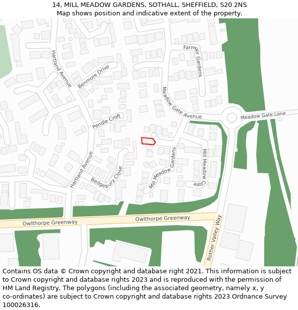 14, MILL MEADOW GARDENS, SOTHALL, SHEFFIELD, S20 2NS: Location map and indicative extent of plot