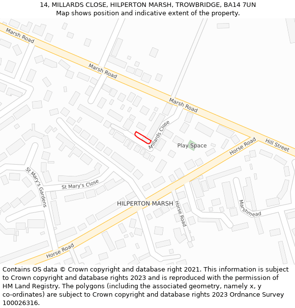 14, MILLARDS CLOSE, HILPERTON MARSH, TROWBRIDGE, BA14 7UN: Location map and indicative extent of plot