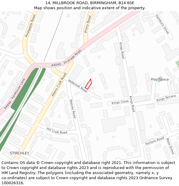 14, MILLBROOK ROAD, BIRMINGHAM, B14 6SE: Location map and indicative extent of plot