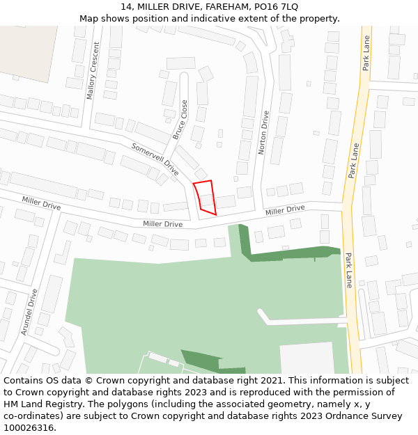 14, MILLER DRIVE, FAREHAM, PO16 7LQ: Location map and indicative extent of plot