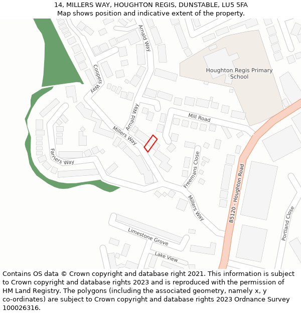 14, MILLERS WAY, HOUGHTON REGIS, DUNSTABLE, LU5 5FA: Location map and indicative extent of plot