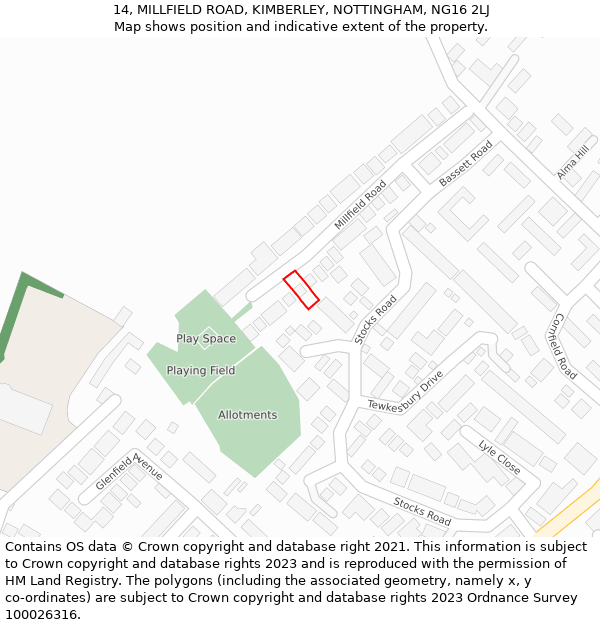 14, MILLFIELD ROAD, KIMBERLEY, NOTTINGHAM, NG16 2LJ: Location map and indicative extent of plot