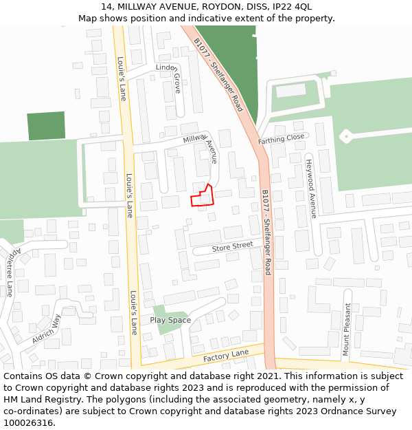 14, MILLWAY AVENUE, ROYDON, DISS, IP22 4QL: Location map and indicative extent of plot